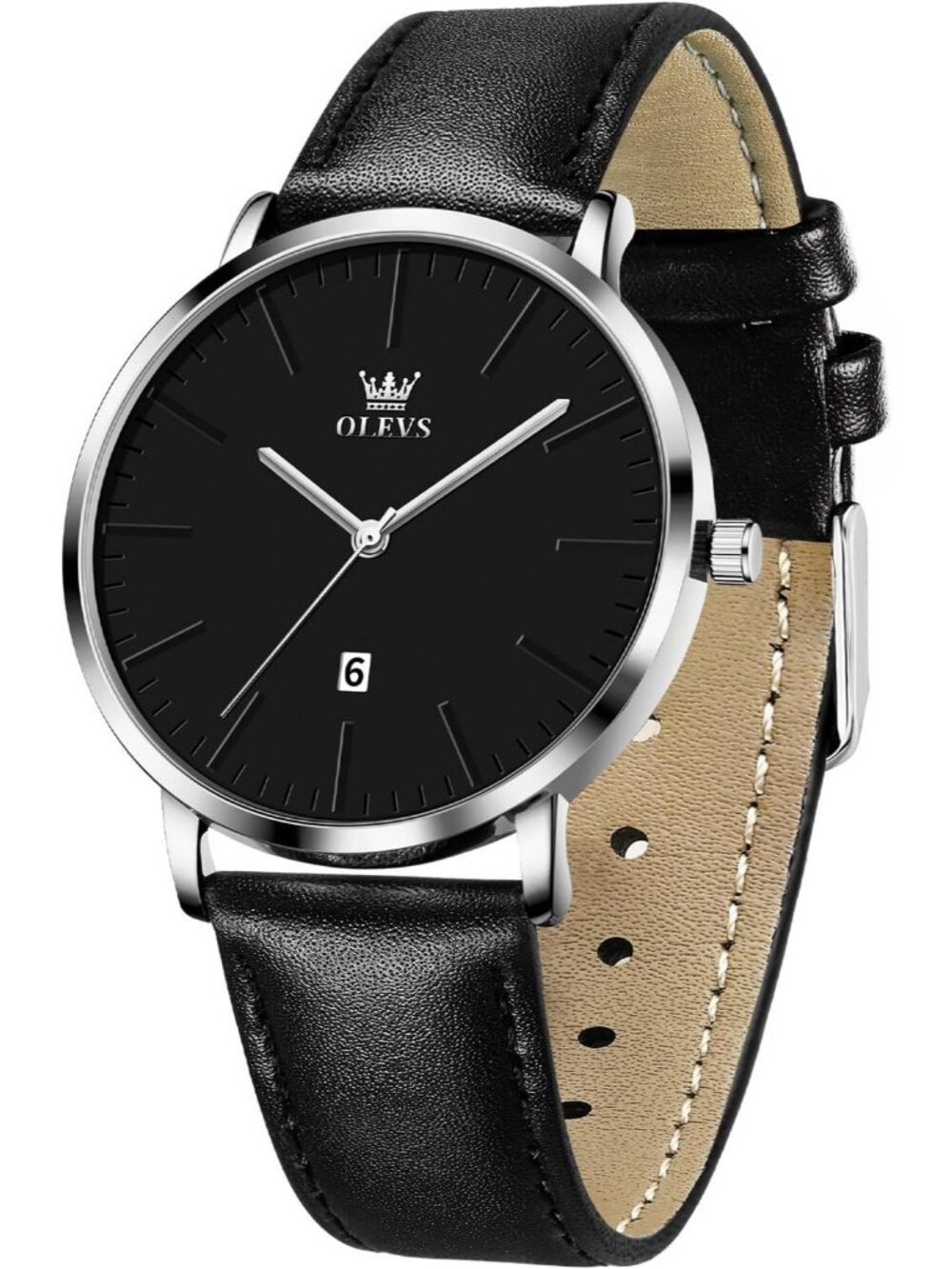 Olevs Men's Black Analog Leather Large Face Date Luxury Design Wrist Watches